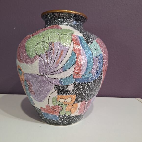 Vintage large 90s wide vase Asian geometric print - Picture 1 of 8